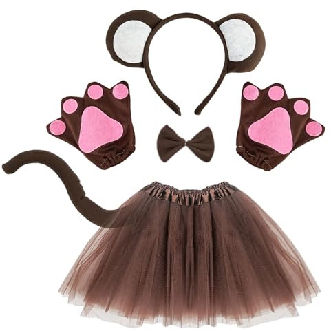 XNIVUIS Affen Kostüm Tierkostüm Set, Schwanz, Fliege, Stirnband, Handschuhe, Tutu-Rock-Set für Erwachsene, Kinder, Verkleidung, Halloween, Bühnenaufführung, Karneval, Cosplay-Party (Braun)