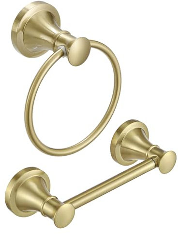 RUMOSE Toilet Paper Holder and Hand Towel Ring Brushed Gold Wall Mount Bathroom Hardware Accessories 2 PCS Set Flexible Pivoting Toilet Tissue Roll Holder and Towel Hanger, Stainless Steel