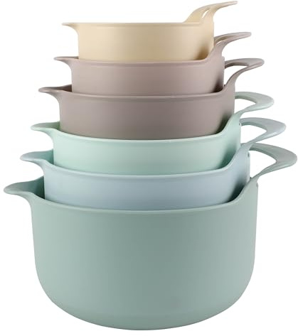 COOK WITH COLOR Nesting Plastic Mixing Bowl Set with Pour Spouts and Handles, Mint, 6 Piece Non-Slip