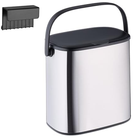 Relaxdays Hanging Kitchen Waste Bin, Vol. 5L, Rubbish Container, Lid & Handle, Plastic, Dustbin, 23 x 25 x 16 cm, Silver, Coco, 40 x 4.5 x 4.5 cm