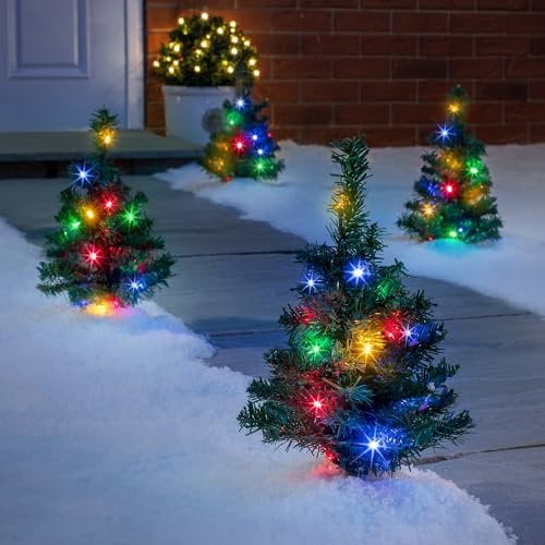 CHRISTOW Christmas Tree Path Lights, LED Outdoor Garden Pathway Decorations, Flashing Xmas Stake Lighting, Battery Operated with Timer Function, Set of 4 x 30cm (Multi-Coloured)