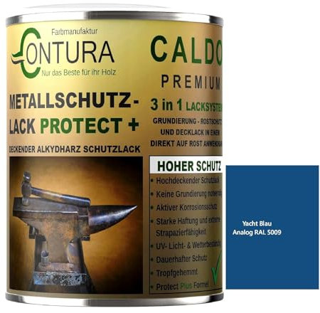 Contura 3in1 Rostschutzfarbe Metallschutzlack Seidenmatt RAL Metall Lack Farbe Grundierung (RAL 5009 (Intern: Yachtblau), 500ml.)