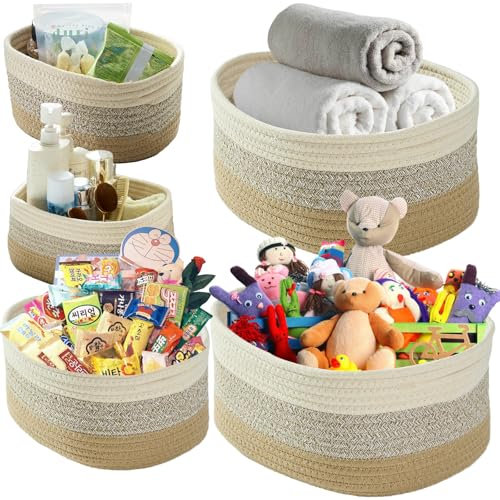 MANGATA Odourless Storage Baksets, Cotton Rope Woven Container for Closet, Shelf, Small Storage Boxes for Keys, Towels, Rolls and Plant Pots, No Crease, Soft Fabric(Mixed Honey, 5 Pack)