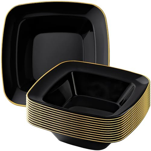 Contour Collection Elegant Black Plastic Dessert Bowls with Gold Rim - 12 oz (Pack of 10), Ideal for Parties Celebrations & Special Occasions