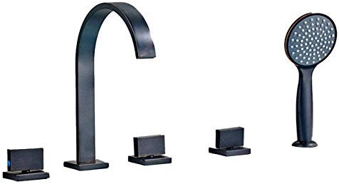 ZDLHGYBS Robinet de Baignoire Robinet de Baignoire à Large portée monté sur Le Pont Mélangeurs de Douche de Bain à 3 poignées avec douchette extractible Couleur Chrome et Noir, Noir A