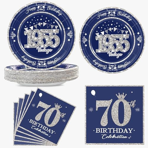 algpty 60 PCS Vintage 70th Birthday Plates and Napkins Set, 70th Birthday Decorations Blue and Silver, Service for 30, 1955 Birthday Dessert Plates and Napkins Party Supplies for Men Women