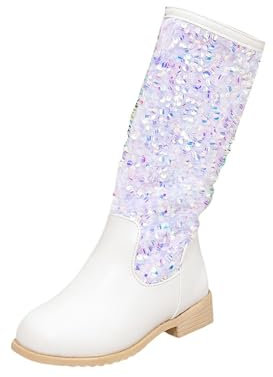 SRTUMEY Stivali alti al ginocchio per bambine e ragazze, con strass scintillanti, con paillettes, in pelle lucida, con tacco antiscivolo, ideali come regalo di compleanno, bianco, 36 EU