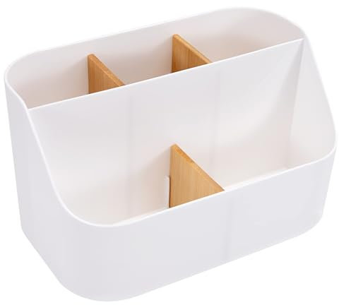 Jesustree Organizador de Escritorio con 5 Compartimentos, Portalápices Multifuncionales Soporte de Control Remoto Mesa Caja de Almacenamiento para Hogar, Oficina, Escuela, Blanco