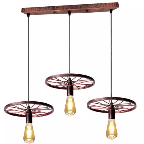 LEDSone 3 Head Industrial E27 Wheel Pendant Light Rustic Red Hanging Fixer with 50 cm Large Ceiling Plate for Kitchen Bedroom Hallway Living Room Cafe.