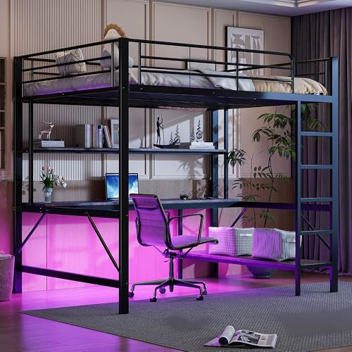Kinderbett Hochbett 140x200, Etagenbett Metallbett Jugendbett mit Schreibtisch&USB Ladestation&LED-Light&2 Regalen, Doppelbett Bettgestell Bettrahmen mit Rausfallschutz&Leiter, Ohne Matratze, Schwarz