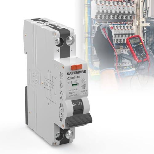 Disjoncteur Différentiel 30mA Type A 1P+N, SAFEMORE Interrupteur différentiel 16A Courbe B - Haute Sensibilité - Pose Rail DIN, Homologué TÜV