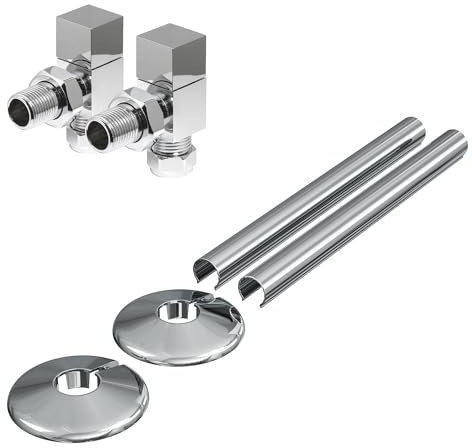 Manual Radiator Valves Square Angled - 15mm x 1/2 - Polished Chrome with Matching Clip-on Pipe Covers and Collars