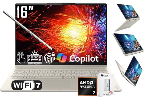 Lenovo Yoga 7 2-in-1 AI PC Copilot+ Laptop, Touchscreen LCD 2K da 16 pollici, AMD 8-Core Ryzen AI 7 350, 16 GB LPDDR5X, SSD 2TB, WiFi 7, KB retroilluminato, impronte digitali, webcam 1080P, W/128 PSD