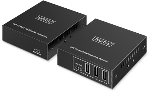 DIGITUS USB 3.2 Gen1 Extender over Ethernet – 4-Port USB Hub – 3x Type A, 1x Type C – 100m Range with Cat 6 Network Cable – 5Gbps – Black