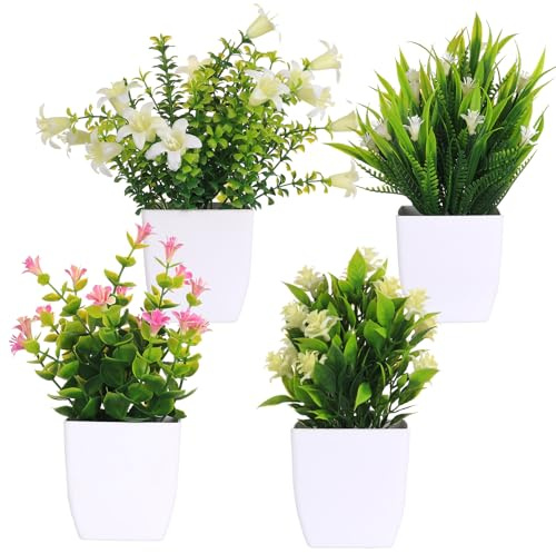 4 Pcs Small Artificial Plants in Pots Outdoors Indoors, Greenery Plastic Faux Potted Plants, Small Decorative Indoor Outdoor Artificial Flowers in Pots for Home Bathroom Office Table Garden Decoration
