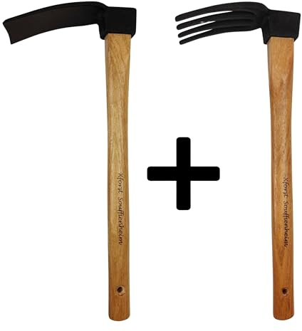 Xforst Garten Werkzeugset aus Zwei Gartenhacken. Hacke mit geradem Blatt + Hacke mit 4 Zinken. Mit Griff aus Hickory-Holz und Kopf aus geschmiedetem Stahl.