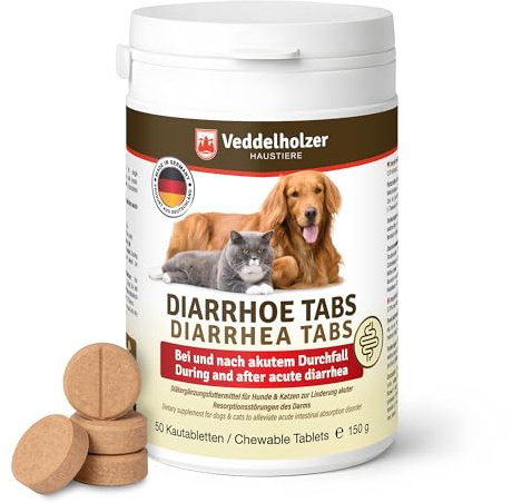 Veddelholzer 50 Diarrhoe Kautabletten Diät Ergänzungsmittel für Hunde & Katzen mit Präbiotika & pflanzlichen Inhaltsstoffen Unterstützung bei akutem Durchfall und danach Schonend für Magen & Darm