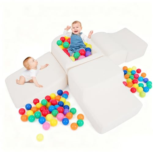 GOPLUS 5 PCS Parcours Motricité Bébé, 5 Module de Motricité avec Housse en Velours Côtelé, Piscine à Balle (Balles Non Inclus) & Toboggans pour Intérieur pour 3 Ans+ (Tissu Sherpa,Beige)