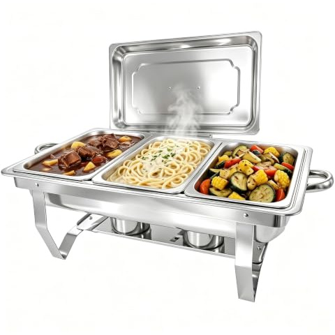 12L Chafing Dishes Buffet Set with 3 Pans, Stainless Steel Food Warmers | Hot & Cold Buffet Tray with Cool Touch Handles and Lid Stand, Fuel Holders Included, for Buffets Caterings Weddings Parties