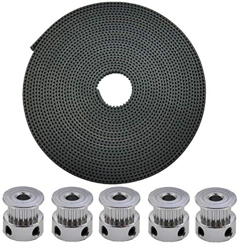 ICQUANZX 5 Meter GT2 2mm Rastermaß 6mm breiter Gummi-Zahnriemen + 5 Stück 16 Zähne Aluminium-Zahnscheibe für 3D-Drucker