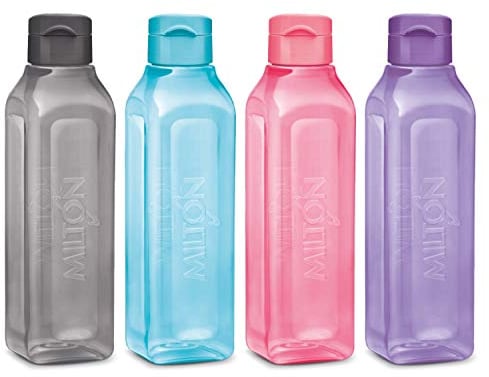 MILTON Lot de 4 bouteilles d'eau de sport carrées en plastique à large goulot réutilisable, étanche, pour sacs d'école, boîtes à déjeuner, salle de sport, 500 ml