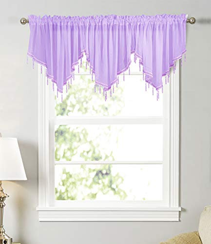 Molaxhome Swag Curtain 51 inch Length, Rod Pocket Scalloped Curtain Valance Sheer Lace Panels with Crystal Beads Bedroom 1 pc