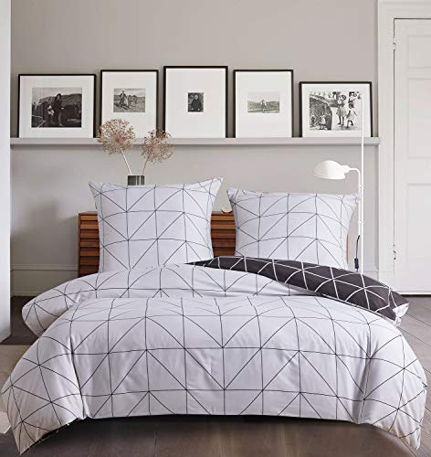 Boqingzhu Bettwäsche 200x220cm Schwarz Weiß Kariert Geometrisches Muster Modern Wendebettwäsche Set Dunkelgrau Bettbezug und 2 Kissenbezüge 80x80cm mit Reißverschluss