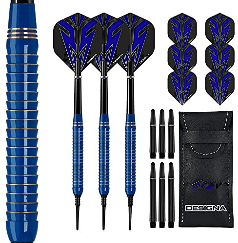 DESIGNA DARTS Mako | 20g Soft Tip Electro Brass Dart Set mit geradem Barrel inkl. 6 Standard Flights, 6 Schäften, Checkout Card und Aufbewahrungskoffer, M1, blau