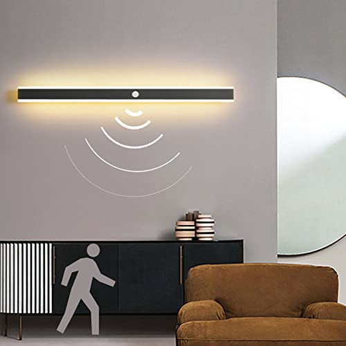 VOMI LED Aussenleuchten Lange Wandleuchte mit Bewegungsmelder Kaltweißess Metall Schmal Wandlampe Innen Aussen Lang IP65 Schwarz Schlafzimmer Wohnzimmer Treppen Garten Terrassen Haustür Licht,80cm