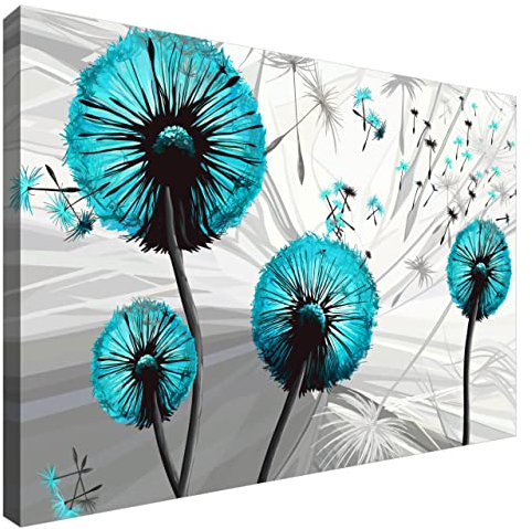 Estika Leinwand bilder - Pusteblume Türkis - 60x40 cm, 1 teilige kunstdruck - Wandbilder wohnzimmer, schlafzimmer, Moderne wanddeko, Bild auf leinwand - Abstrakt blumen bilder - 5031A_1E