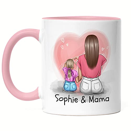 Kiddle-Design Mutter Tochter Tasse Rosa Muttertag Personalisiert Name und Frisur Mama und Tochter Geschenk Kinder Kaffeetasse Mütter Geschenk
