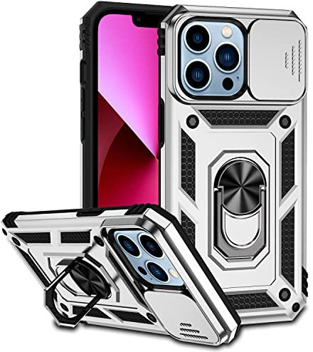 JIYU Cover per iPhone 13 Pro Max 6.7 Custodia Protezione Fotocamera Scorrevole Case Antiurto Militare 360° Metallo Anello Supporto Full Body Silicone Custodie,Argento