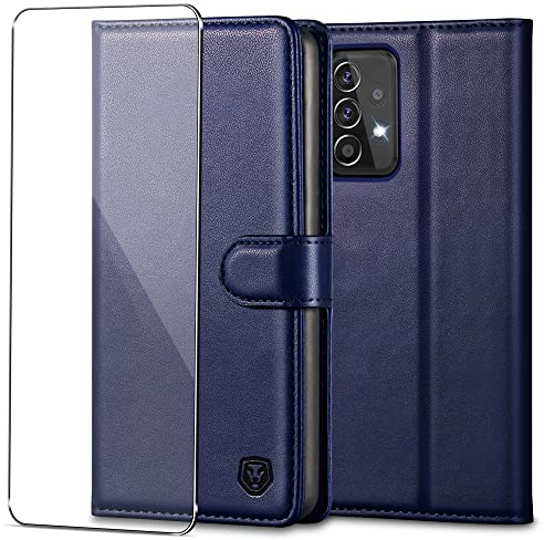 Handyhülle für Samsung Galaxy A52s 5G Hülle mit Panzerglas Schutzfolie Premium PU Leder Klapphülle Brieftasche Kartenfach Ständer Magnet Handytasche Case Schutzhülle für Samsung A52s/A52 5G - Blau