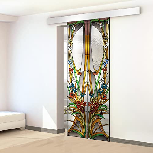 Porta scorrevole in vetro colorato dipinto a mano, modello ALPESH colorato 85x215 cm (60/85/95 cm) 8 mm vetro trasparente, kit completo di ferramenta (85x215 cm, DESTRA)