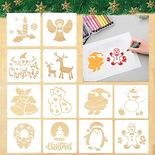 12 Stück Zeichenschablonen Weihnachten, Stencil Schablonen Wiederverwendbar, Weihnachten Schablonen für Scrapbooking Fotoalbum, Weihnachten Schablone Set, Geschenkkarten, Geschenke Weihnachten Kinder