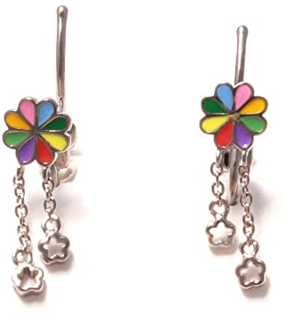 Loveyourdiamonds Hänge Ohrclips für Kinder mit buntem Regenbogen und Blumen aus 925 Sterling Silber