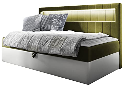 Mirjan24 Boxspringbett Junior Gladino II mit Bettkasten und LED-Beleuchtung, Continentalbett Bonell-Matratze Topper Polsterbett Amerikanisches Bett Bettgestell (Soft 17 + Fresh 12, 90 x 200 cm)