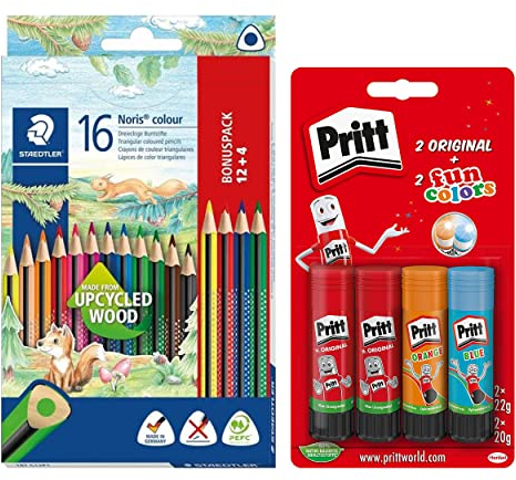Staedtler Buntstifte Noris Colour 16 Stück, erhöhte Bruchfestigkeit, Dreikantform, Soft-Oberfläche und 4 Pritt Klebestifte