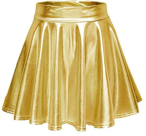 Damen Glänzendes flüssiges Metallic Plissee Flared Minirock Skaterrock A-Linie Mini-Skaterrock Rockabilly Tutu elastischen Rock Kurz Ballett Tanzkleid Ballkleid Karneval Kostüm Tutu Rock (A03-Gold, S)