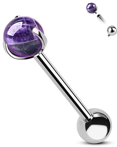 CM Crareesi Mania Piercing de langue G23 en titane massif 14 g Améthyste Bijoux de piercing de langue à filetage interne en acrylique hypoallergénique œil de tigre 16 mm Mignon Barbell de langue en