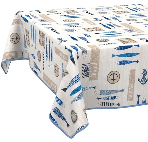 Stoff Tischdecke Tischwäsche Textil Tischtuch Baumwolle Polyester Gewebe abwaschbar pflegeleicht, in rund oval eckig Maritim 160x140cm mit Saum (Eingefasst)