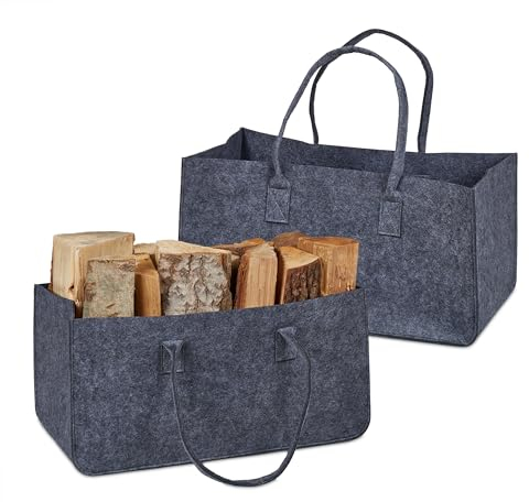 Relaxdays Kaminholztasche aus Filz, 2er Set, 28 l Volumen, XXL Filztasche, für Kaminholz, Brennholztasche, dunkelgrau