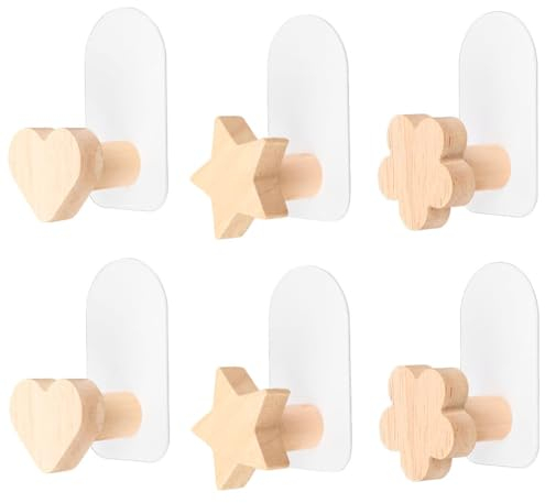 RUNEAY Ganchos para ropa para niños, 6 unidades, ganchos de pared de madera, autoadhesivos, ganchos para guardarropa, ganchos sin agujeros, ganchos para ropa infantil