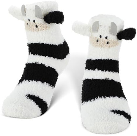 SATINIOR Winter Weiche Flauschige Tier Kuschelsocken 3D Flauschige Hausschuhe Socken Warm Süße Haussocken für Damen Mädchen (Kuh)