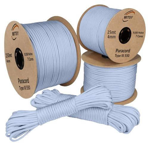 MITSY Paracord 550 Typ III Nylon Schnur 4 mm 25 Meter Eisblau | Fallschirmschnur, 7 Kern Seil, Reißfest & Wetterfest, Allzweckseil für Camping, Outdoor & Survival, 10m, 25m, 50m, 100m, 250m