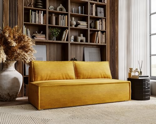 Kaiser Möbel, Klappsofa mit Schlaffunktion, Sofa Duo, Schlafsofa Couch, Loungesofa, Bettsofa, Wohnzimmer, Schlafzimmer, POSO Stoff- Cord 90 x 200 x 92 cm Senf