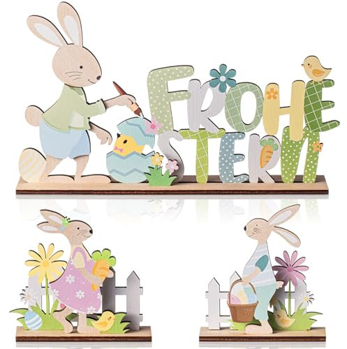 Namalu 3 Stück Deko Aufsteller für Ostern Frohe Ostern Osterdekoration Aufsteller mit Schriftzug und Osterhase Ostereier Blumen Holz Hase Figuren für Osterdeko Tischdeko Frühling(Bunt)