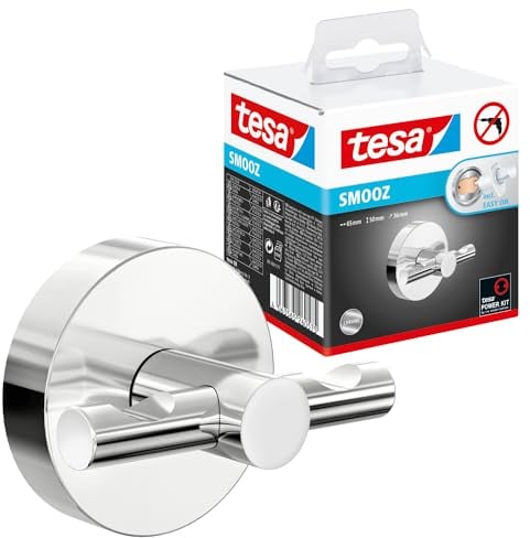 tesa Percha para Albornoz Smooz - Gancho Adhesivo Colgar Albornoces y Toallas - Inoxidable - Resistente al Agua - Incluye Solución Adhesiva de Montaje