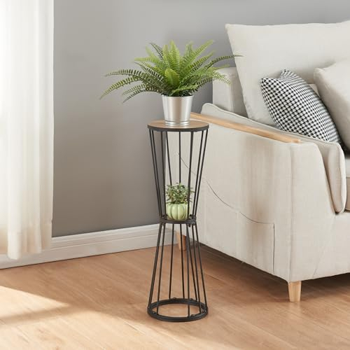 [en.casa] Blumenregal Fossbergom Pflanztisch Pflanzenständer mit 2 Ablagen Pflanzregal Blumensäule Metall Blumentreppe Schwarz/Eiche-Optik 62 x 20 cm