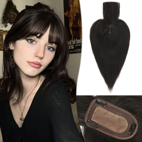 RUWISS Echthaar Hair Topper für Frauen Krone Toppers With Pony Kurze Perücken Haarteile für Dünnes Haar 7.5 * 13CM Silk Base 100% Echtes Menschliches Haar Clip in Topper 25 CM 35g (Natürlich Schwarz)
